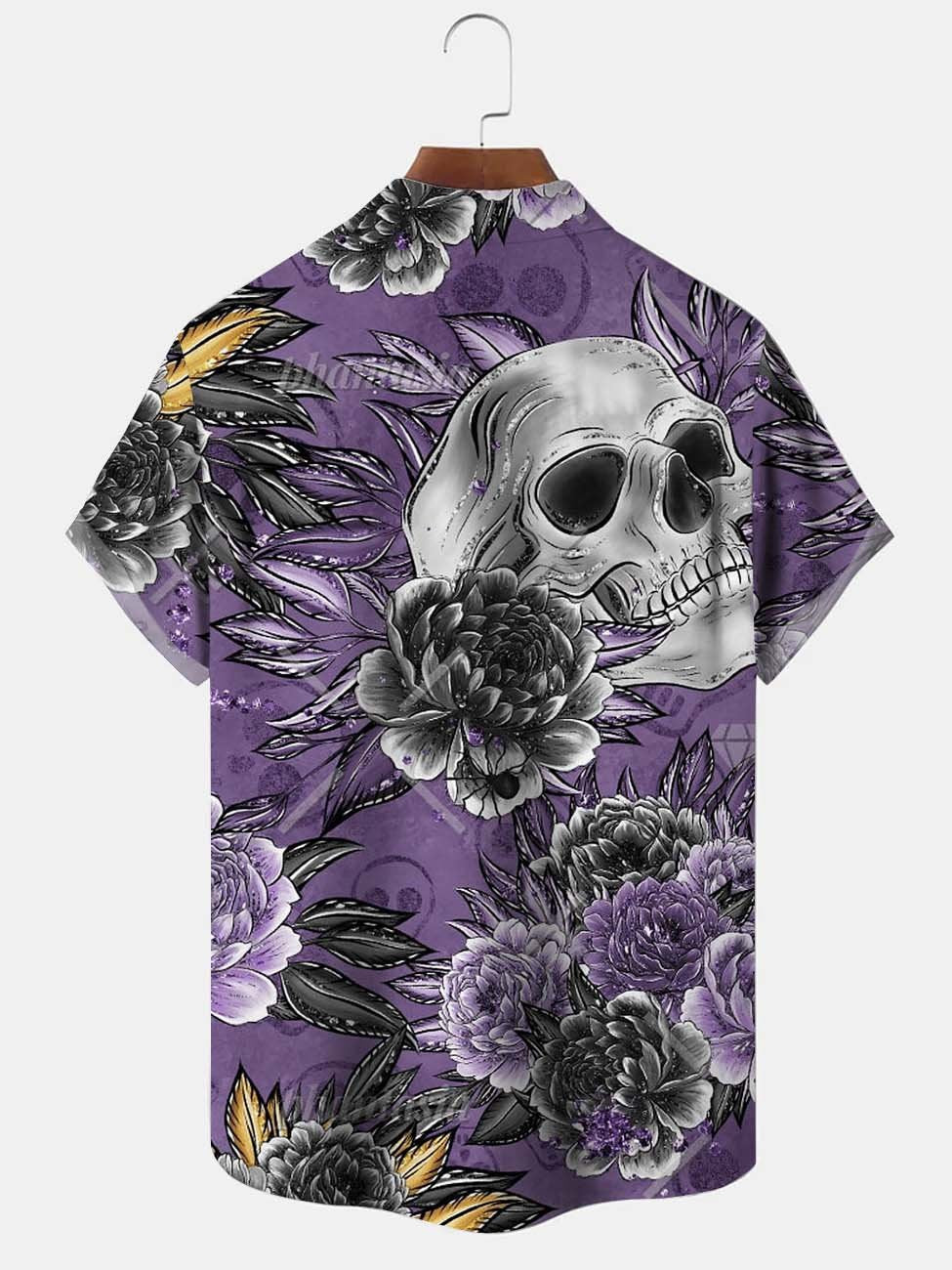Floral Purple Skull Hawaiian Shirt For Summer Vacation, Beach Travel, And Casual Wear