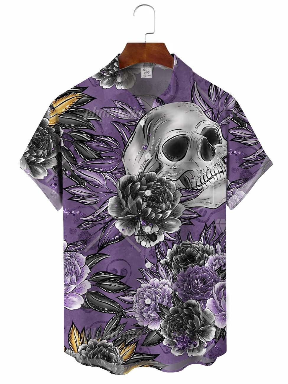 Floral Purple Skull Hawaiian Shirt For Summer Vacation, Beach Travel, And Casual Wear