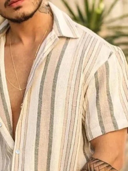 Men's Retro Striped Print Stretch Hawaiian Shirt