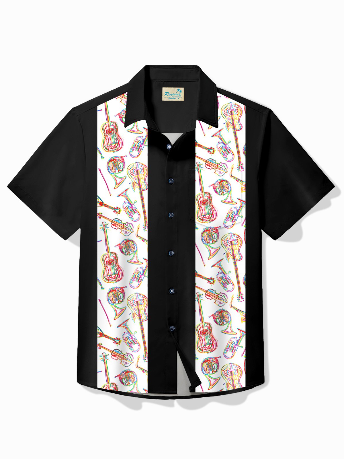 Hawaiian Shirt / Adults / S Men's Vintage Bowling Instrument Guitar Print Casual Hawaiian Shirt