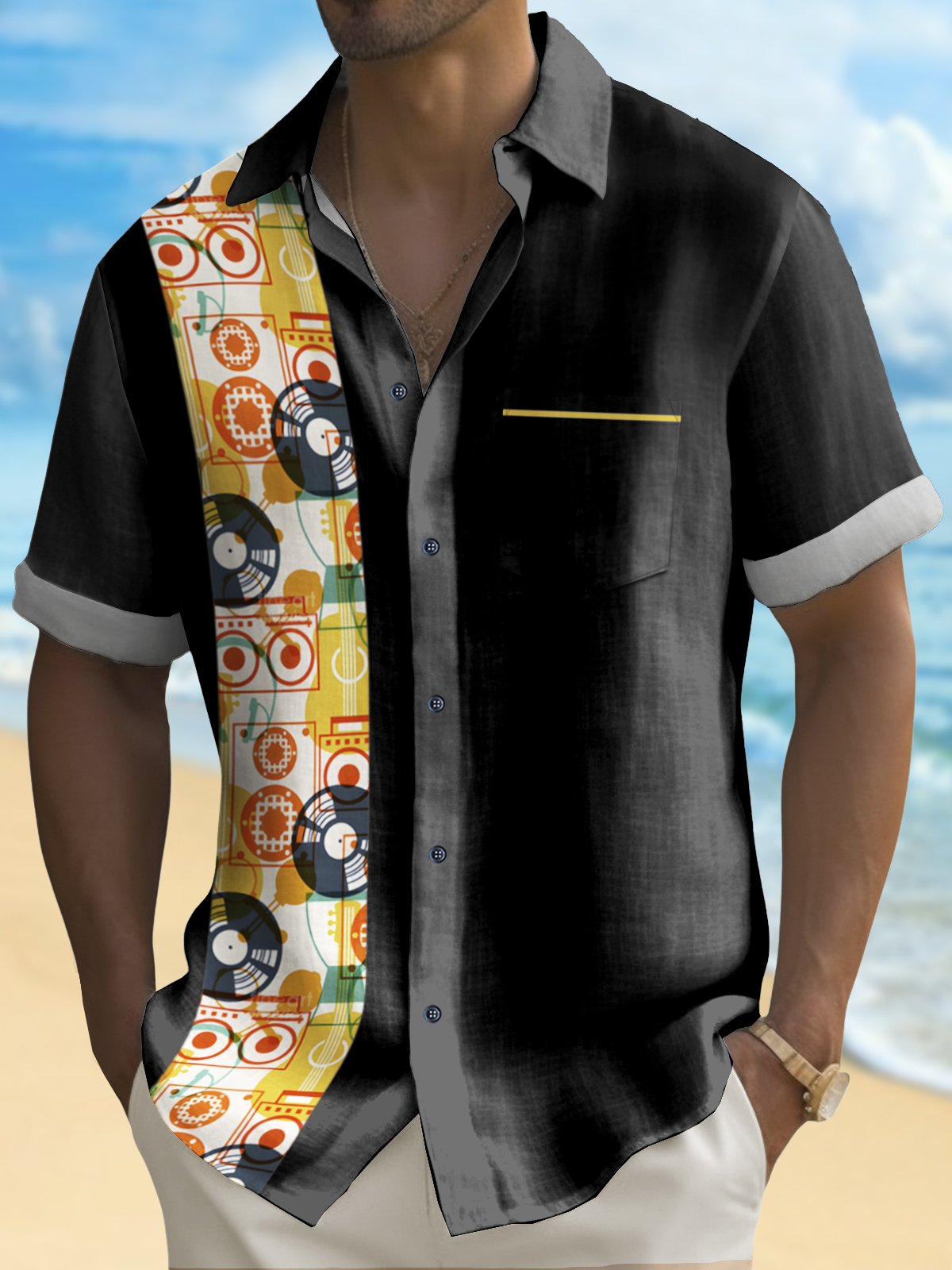 Men's Vintage Bowling Music Tape Print Casual Hawaiian Shirt