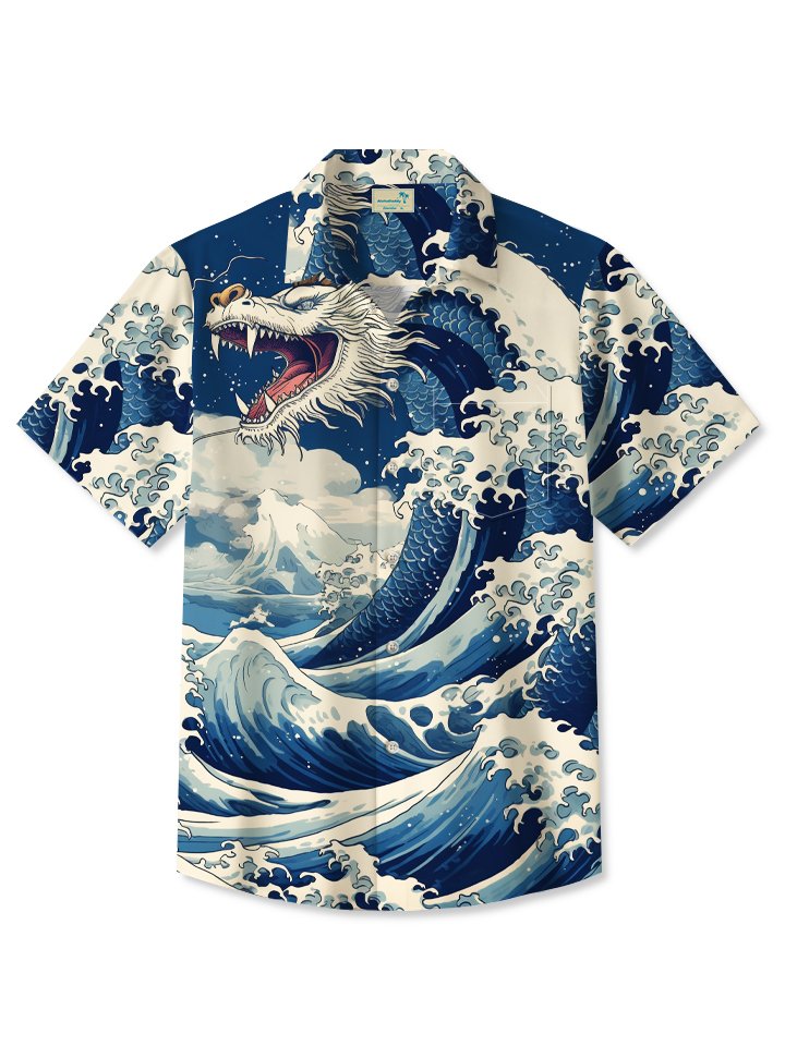 Vintage Japanese Ukiyoe Wave Dragon Hawaiian Shirt For Island Vacations, Resort Wear, And Relaxed Seasonal Style