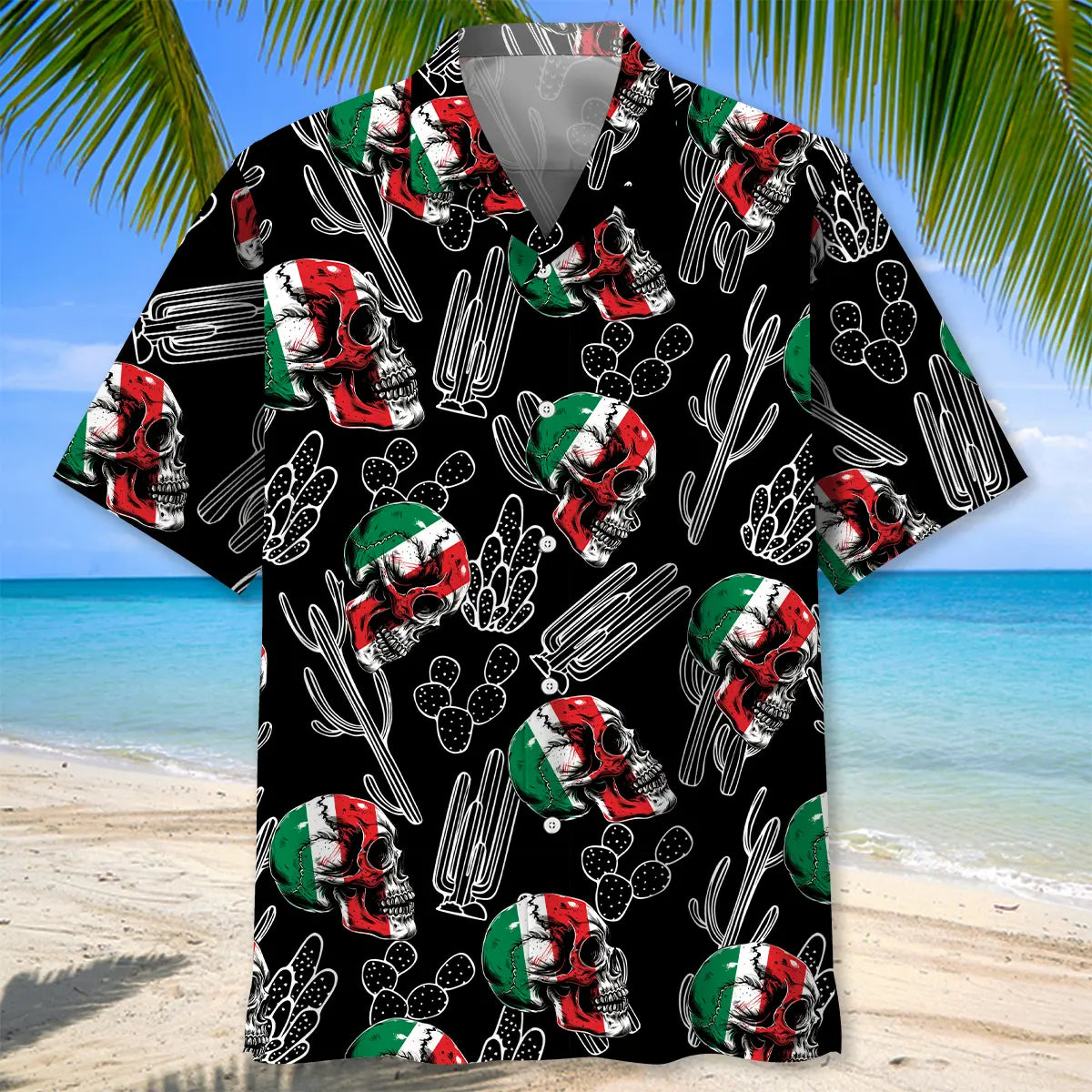 Mexico Flag Skull Hawaiian Shirt For Resort Holiday, Family Vacation, And Relaxed Summer Style