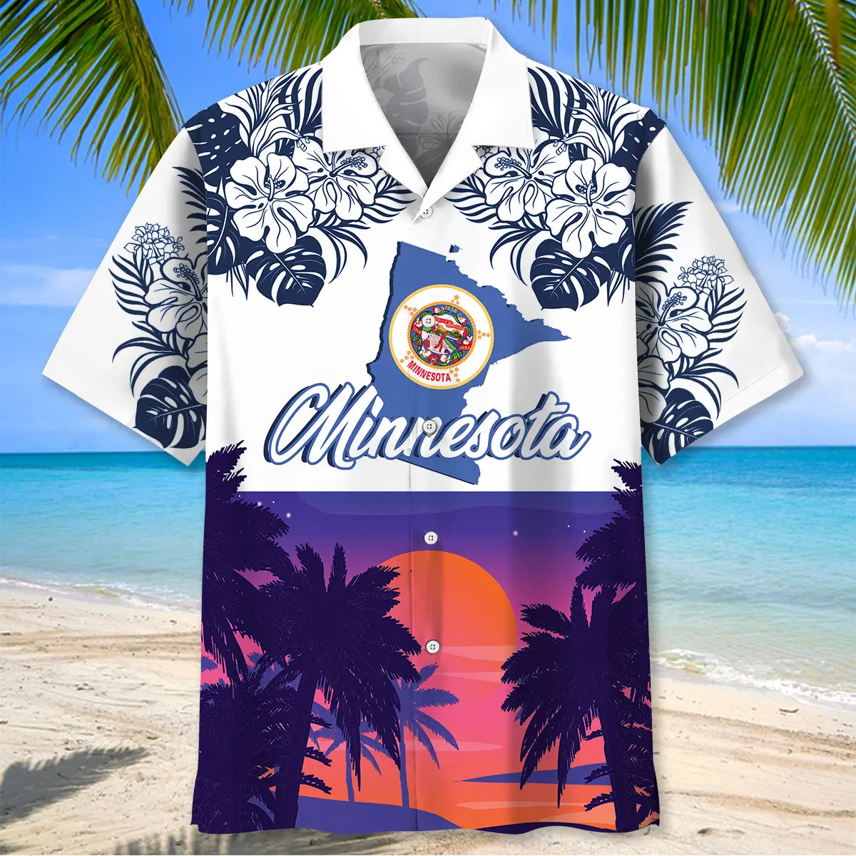 Minnesota Heritage Sunset Hawaiian Shirt For Summer Vacation, Beach Travel, And Casual Wear