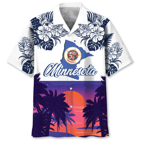 Minnesota Heritage Sunset Hawaiian Shirt For Summer Vacation, Beach Travel, And Casual Wear