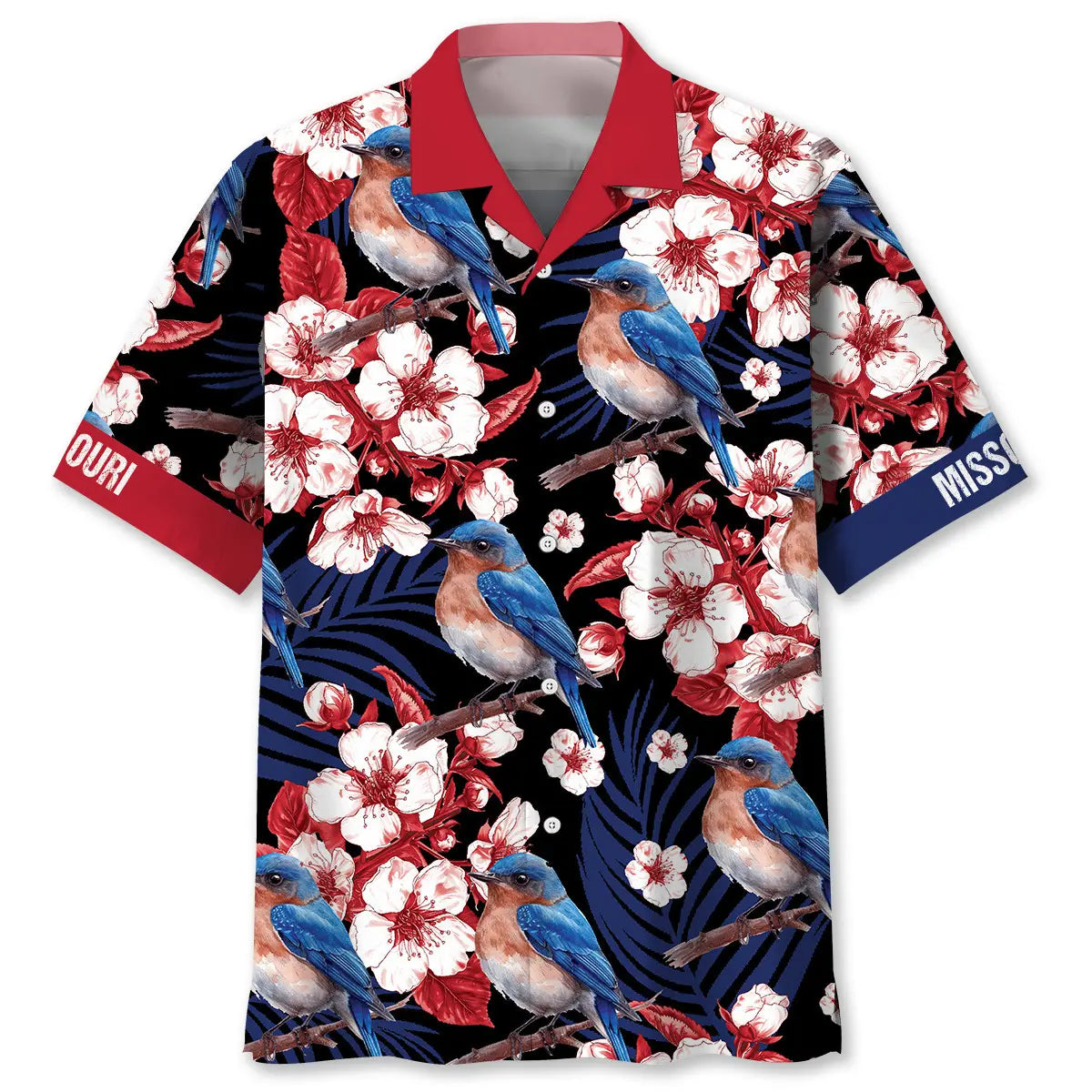 Missouri State Eastern Bluebird Black Hawaiian Shirt For Resort Holiday, Summer Vacation, And Island Inspired Style