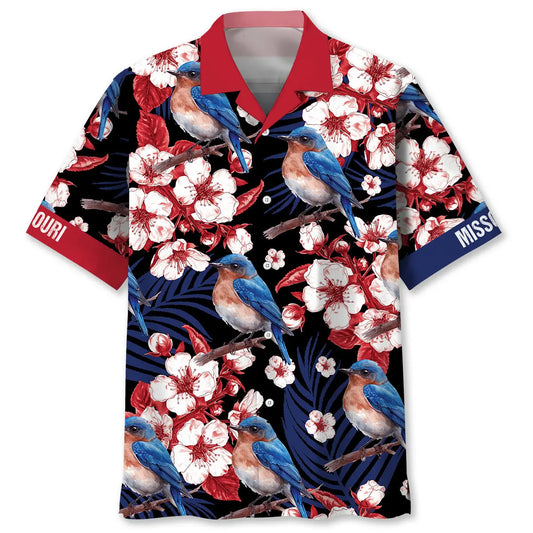 Missouri State Eastern Bluebird Black Hawaiian Shirt For Resort Holiday, Summer Vacation, And Island Inspired Style