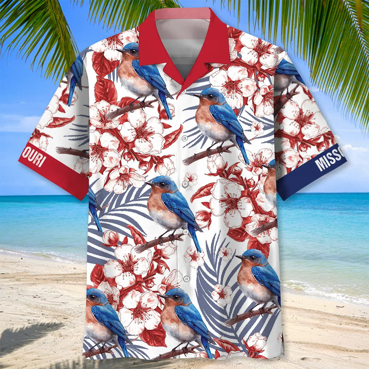 Missouri State Eastern Bluebird White Hawaiian Shirt For Summer Vacation And Beachside Style