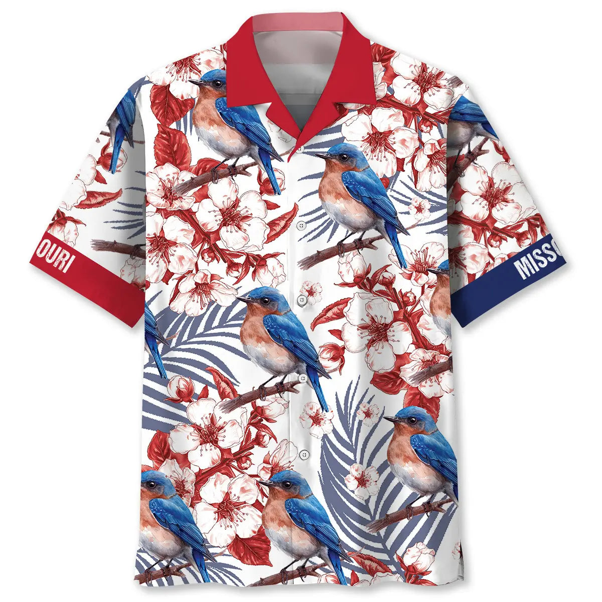 Missouri State Eastern Bluebird White Hawaiian Shirt For Outdoor Event, Warm Weather Outing, And Coastal Style