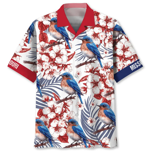 Missouri State Eastern Bluebird White Hawaiian Shirt For Outdoor Event, Warm Weather Outing, And Coastal Style