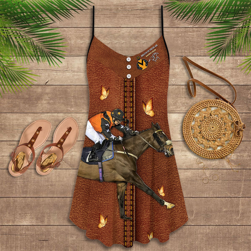 Horse Racing Club Leather V-Neck Sleeveless Cami Dress For Vacations And Playful Everyday Style