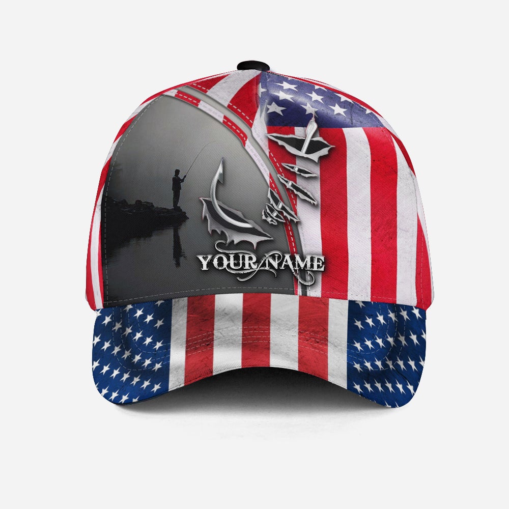 Custom Fishing Hook American Flag Personalized Name Classic Cap For Festivals Holidays And Comfortable Everyday Wear