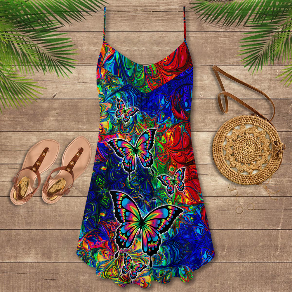 Colorful Butterfly Lover V-Neck Sleeveless Cami Dress For Garden Parties And Relaxed Summer Wear