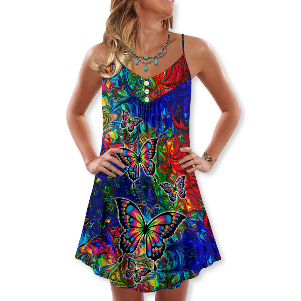 Colorful Butterfly Lover V-Neck Sleeveless Cami Dress For Garden Parties And Relaxed Summer Wear