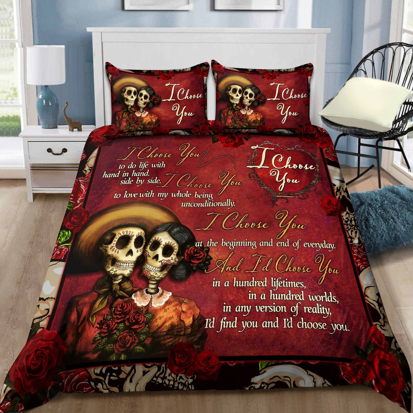 Sugar Skull Couple Love Gift Bedding Cover For Gothic Bedroom Decor