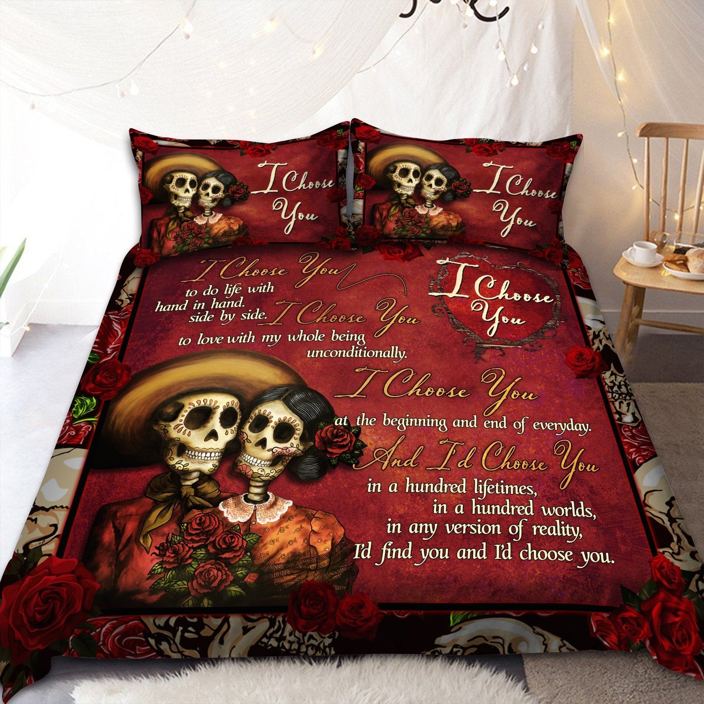 Sugar Skull Couple Love Gift Bedding Cover For Gothic Bedroom Decor