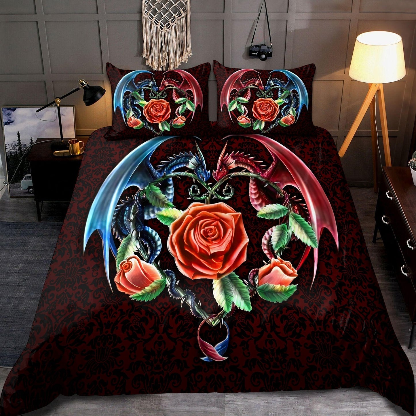 Dragon Red Rose Bedding Cover For Fantasy Bedroom Decor