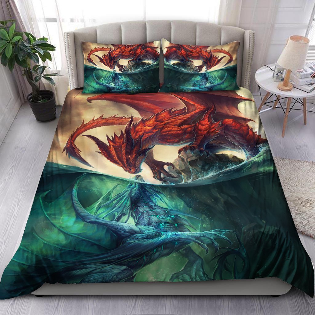Water And Fire Dragon Battle Bedding Cover For Fantasy Bedroom Decor
