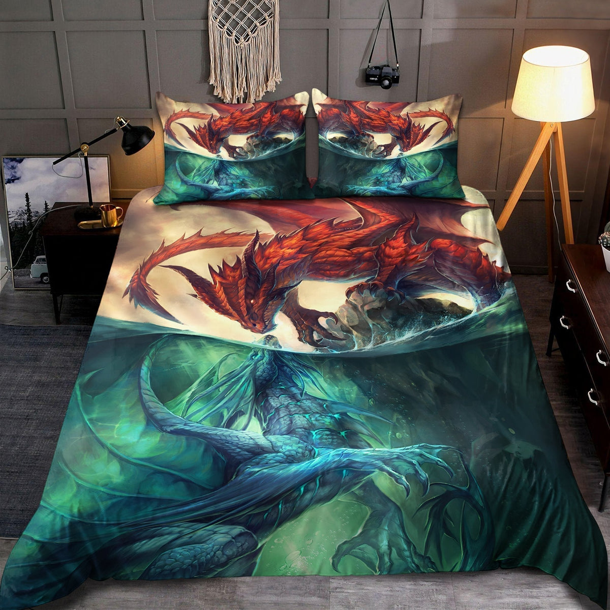 Water And Fire Dragon Battle Bedding Cover For Fantasy Bedroom Decor