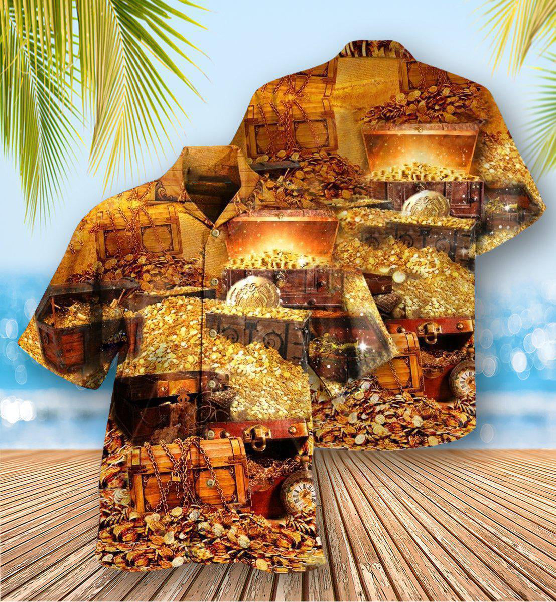 Luxury Gold Treasure Hawaiian Shirt With All Over Print For Tropical Parties Vacation Travel And Casual Summer Style