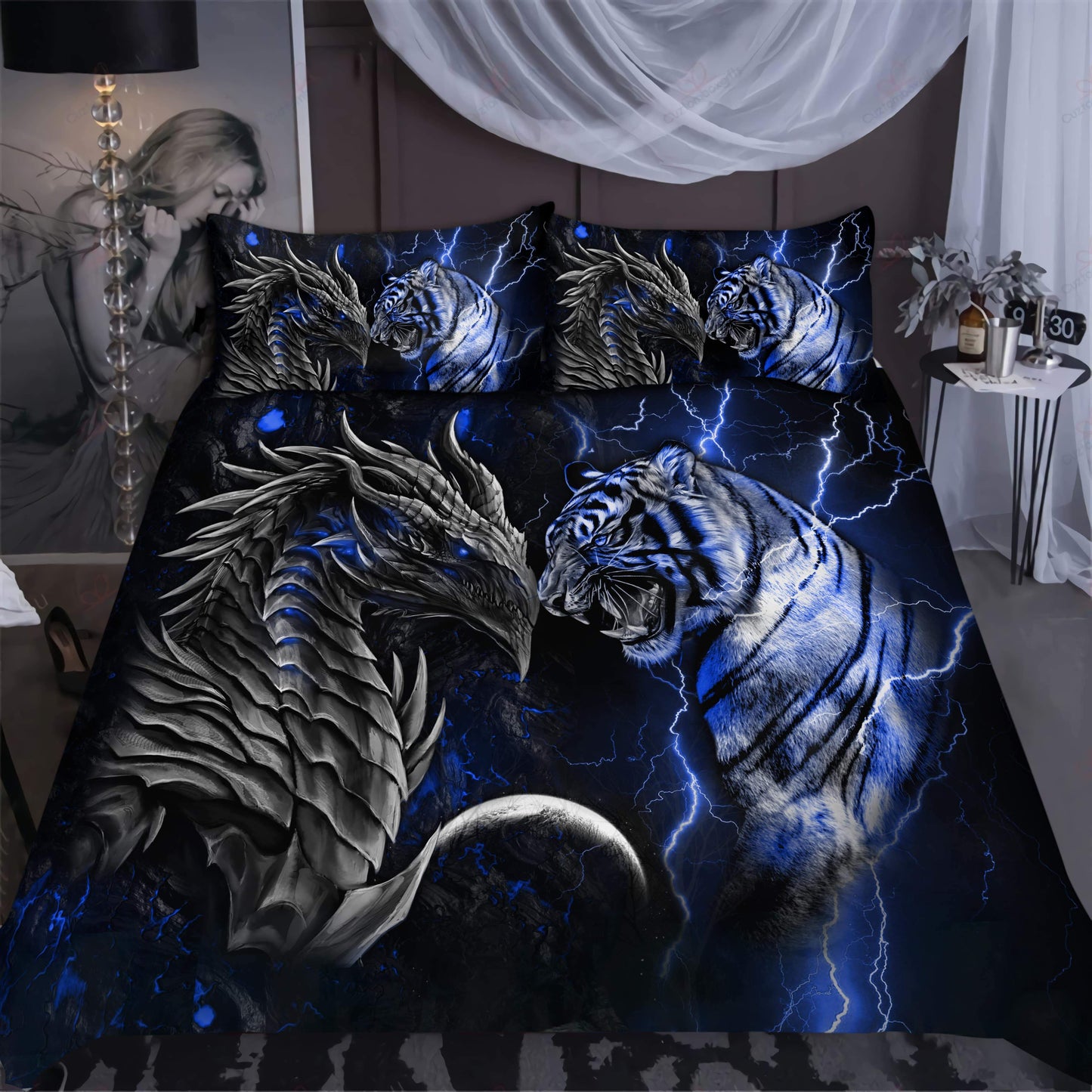 Blue Dragon And Tiger Battle Bedding Cover For Fantasy Bedroom Decor