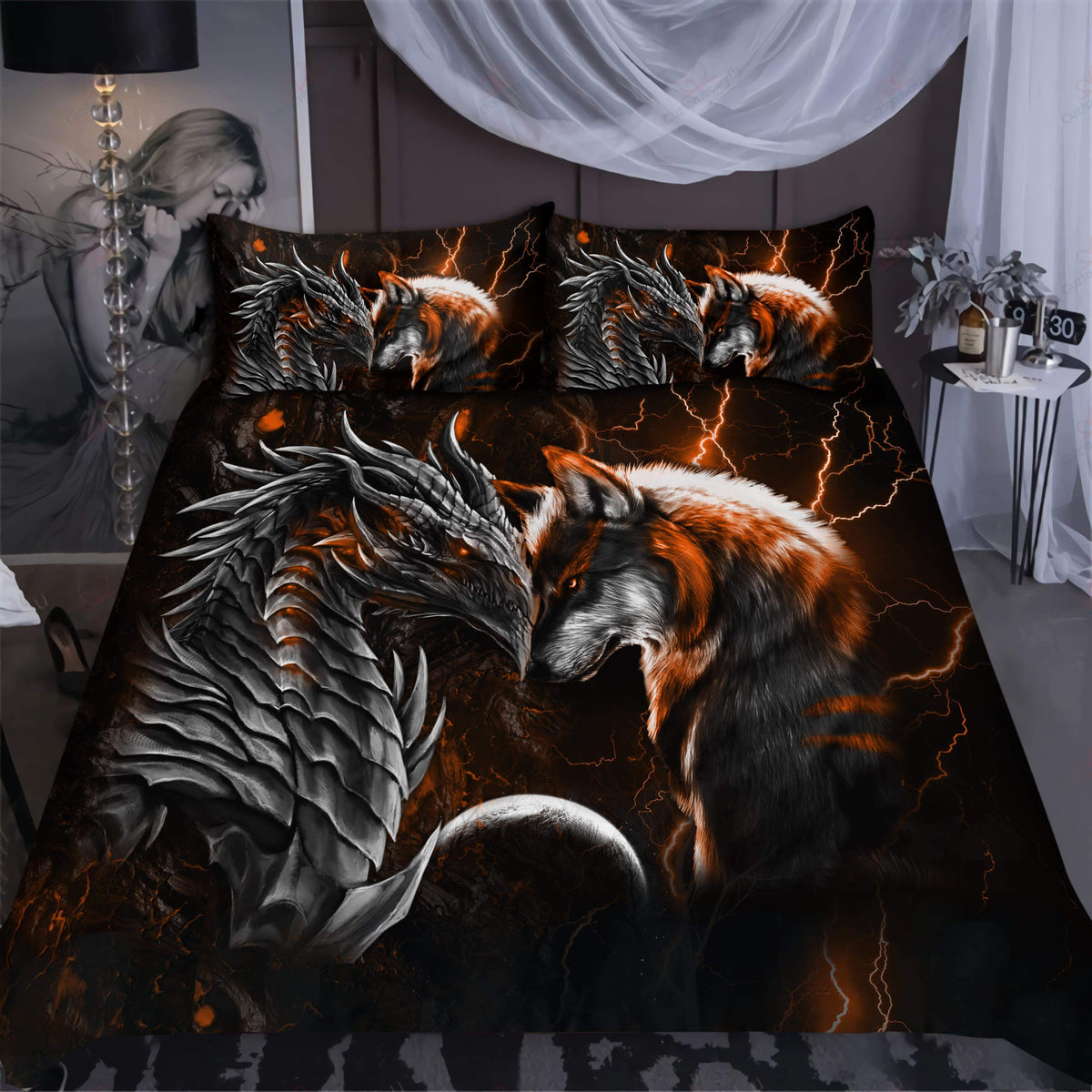 Orange Dragon And Wolf Fantasy Bedding Cover For Fantasy Bedroom Decor