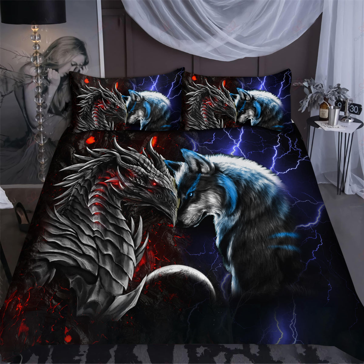 Red And Blue Dragon And Wolf Fantasy Bedding Cover For Fantasy Bedroom Decor