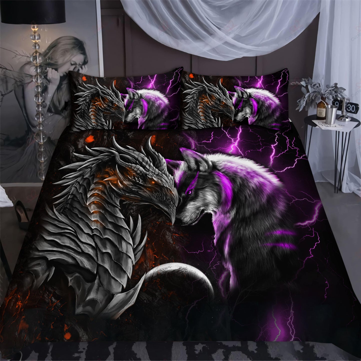 Orange And Purple Dragon And Wolf Fantasy Bedding Cover For Fantasy Bedroom Decor