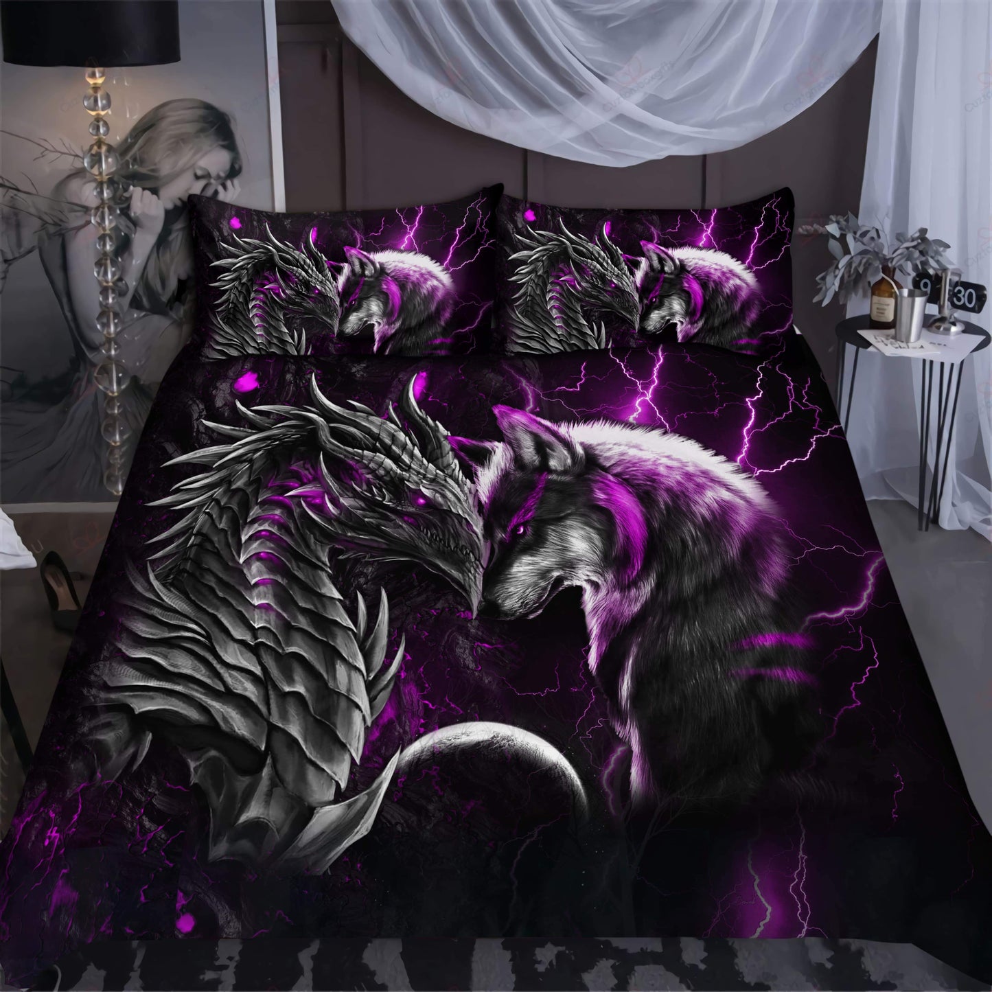 Purple Dragon And Wolf Fantasy Bedding Cover For Fantasy Bedroom Decor