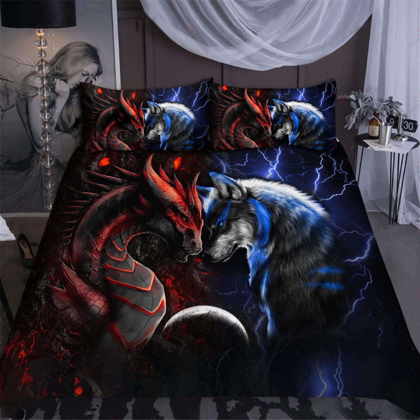 Red And Blue Dragon And Wolf Fantasy Bedding Cover For Fantasy Bedroom Decor
