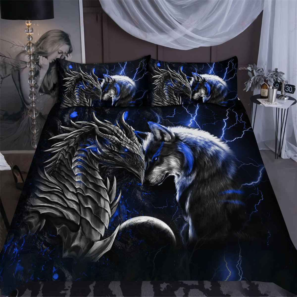 Blue Dragon And Wolf Fantasy Bedding Cover For Fantasy Bedroom Decor