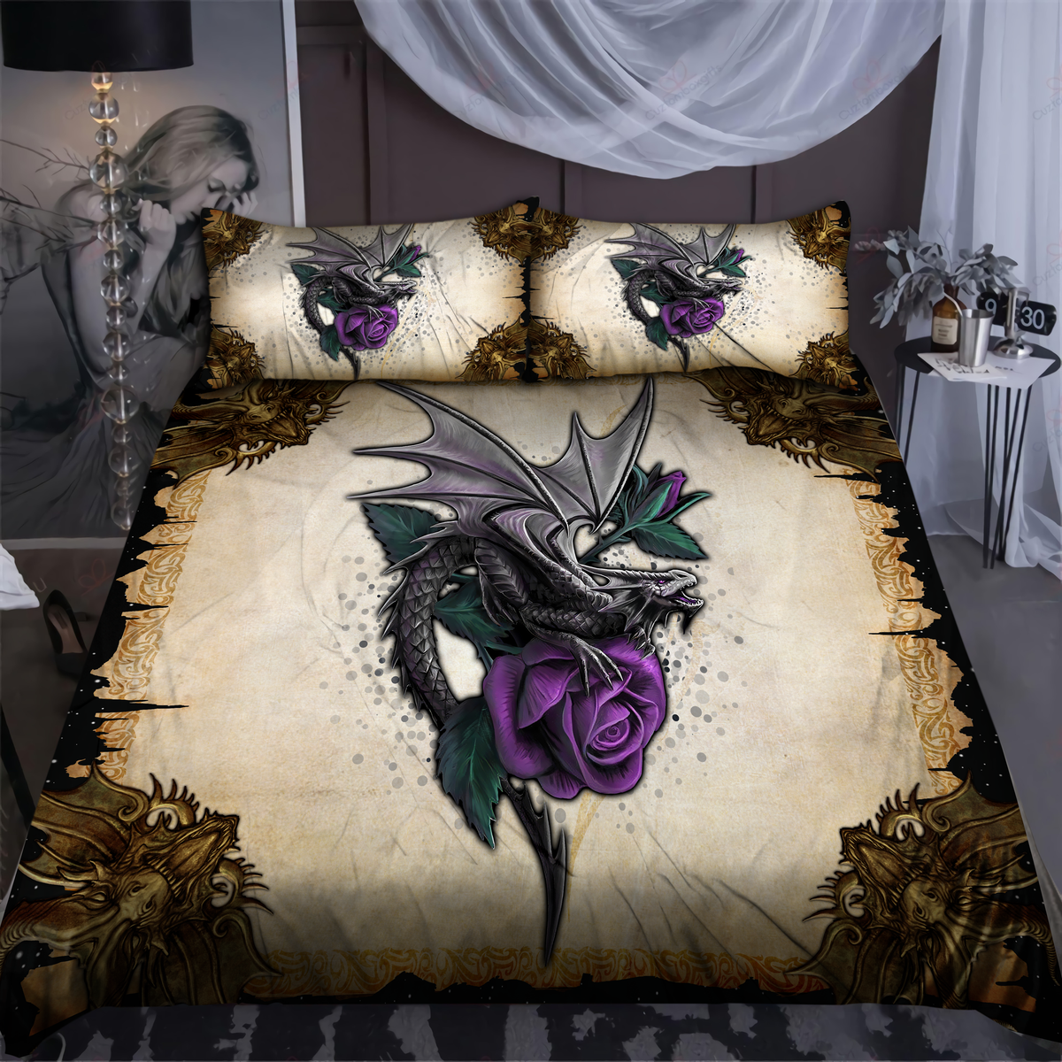 Dragon Rose Fantasy Bedding Cover For Fantasy Bedroom Decor