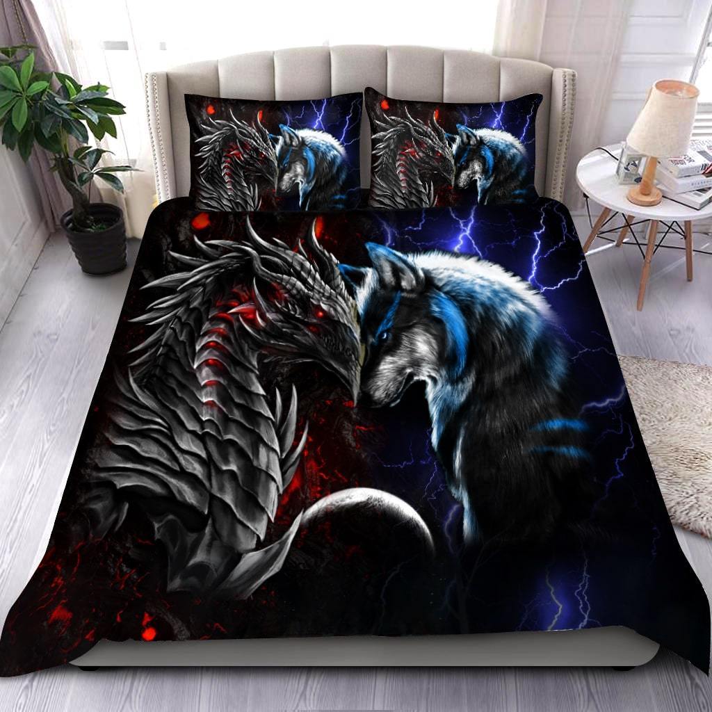 Red And Blue Dragon And Wolf Fantasy Bedding Cover For Fantasy Bedroom Decor