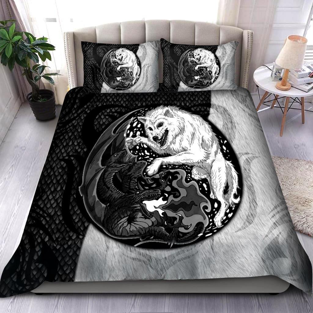Black And White Dragon And Wolf Fantasy Bedding Cover For Fantasy Bedroom Decor