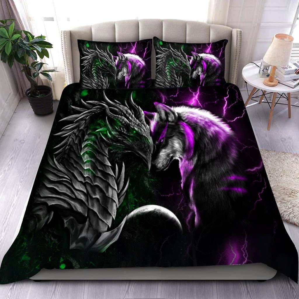 Green And Purple Dragon And Wolf Fantasy Bedding Cover For Fantasy Bedroom Decor