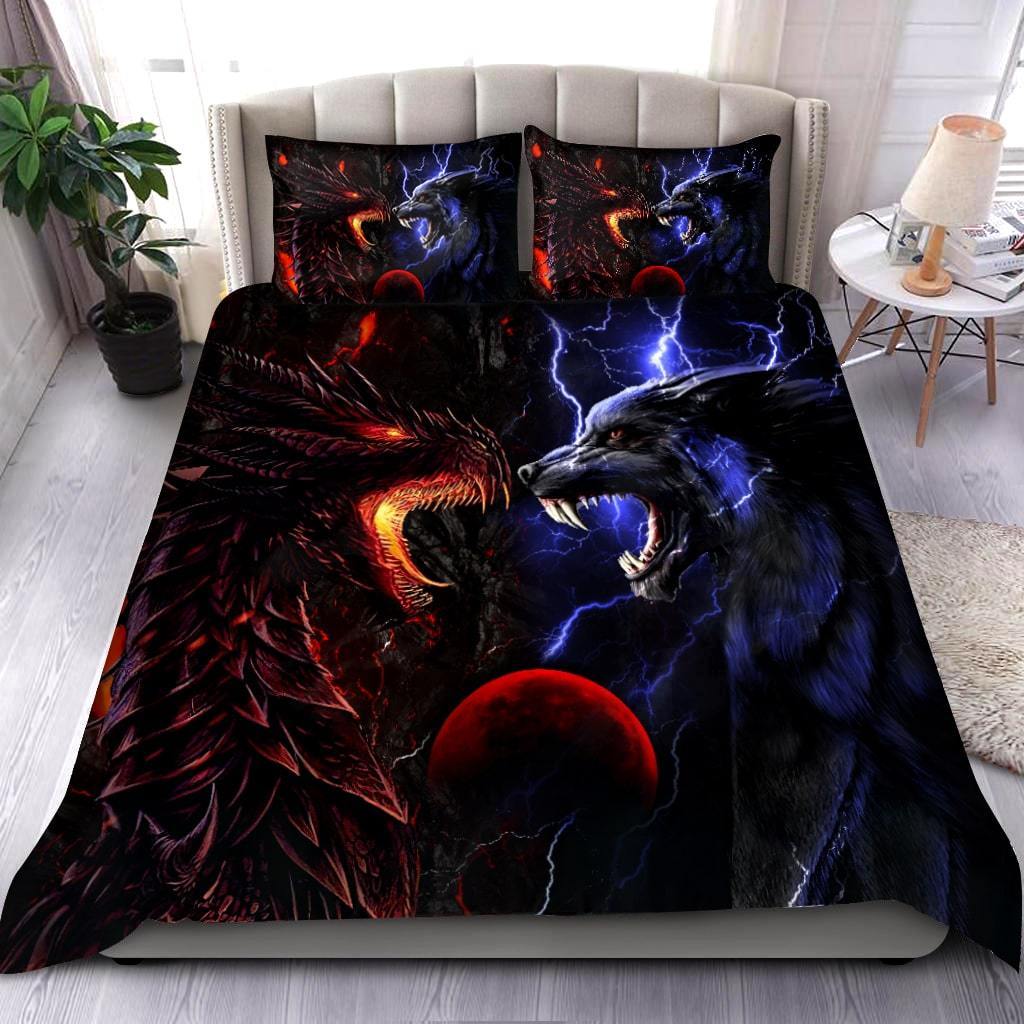 Red And Blue Dragon And Wolf Fantasy Bedding Cover For Fantasy Bedroom Decor