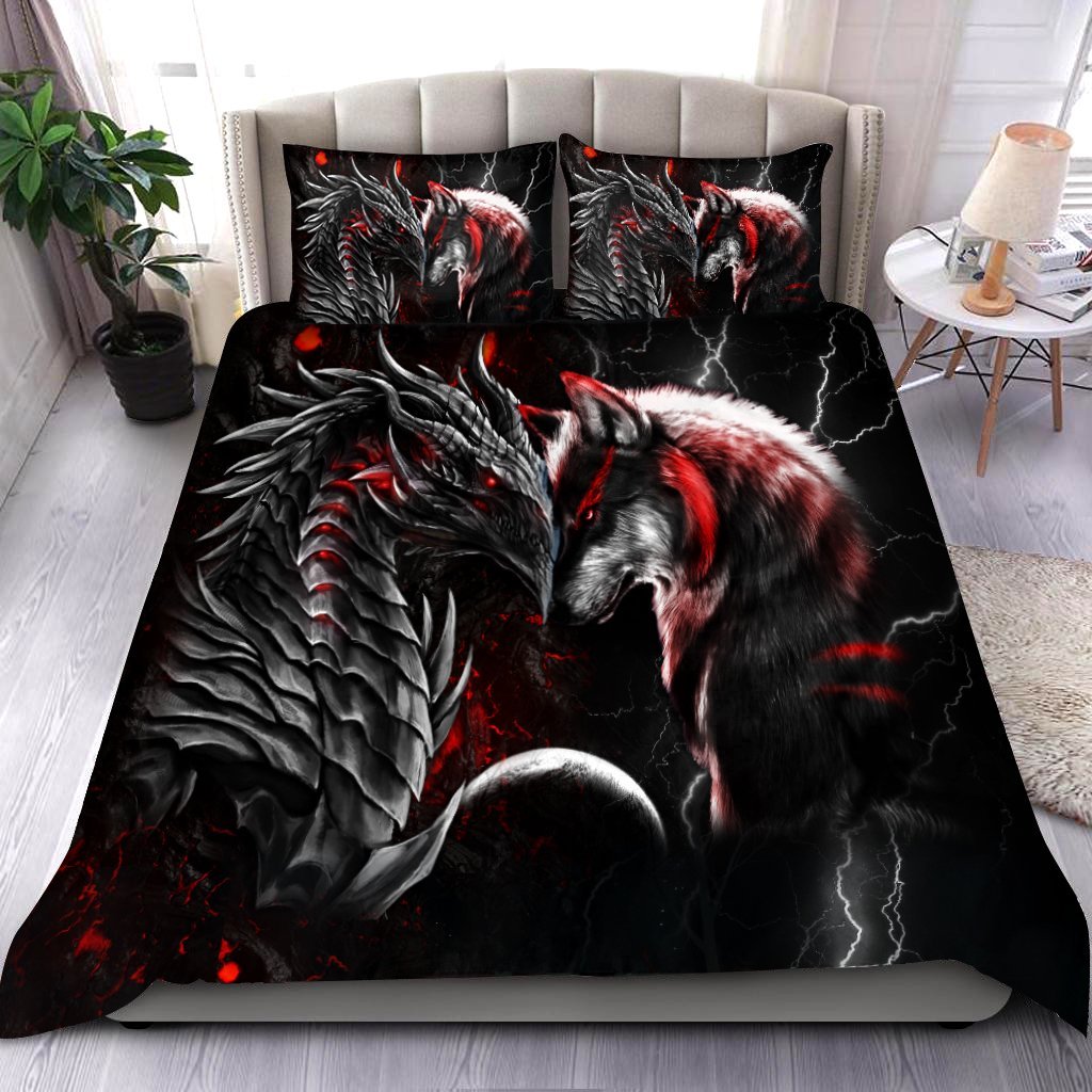 Red Dragon And Wolf Fantasy Bedding Cover For Fantasy Bedroom Decor