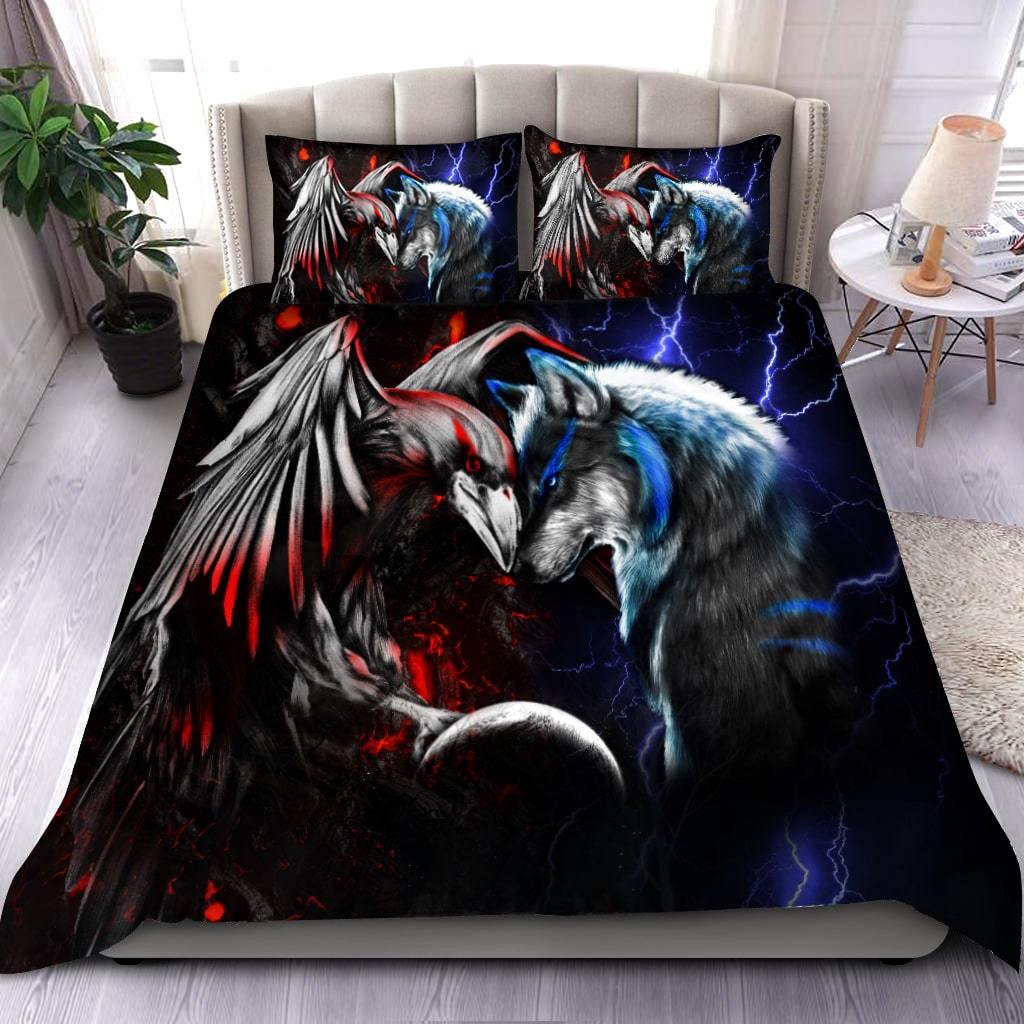 Wolf And Raven Combat Bedding Cover For Norse Bedroom Decor