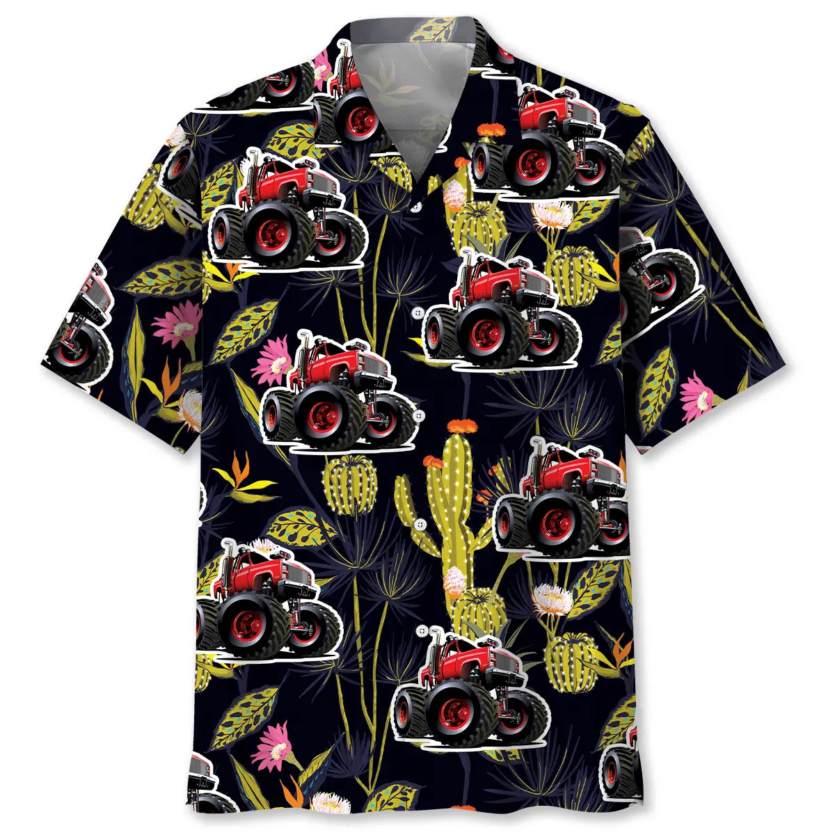 Monster Truck Cactus Hawaiian Shirt For Automotive Enthusiasts, Coastal Trips, And Casual Warm Weather Style