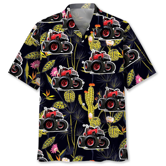 Monster Truck Cactus Hawaiian Shirt For Automotive Enthusiasts, Coastal Trips, And Casual Warm Weather Style