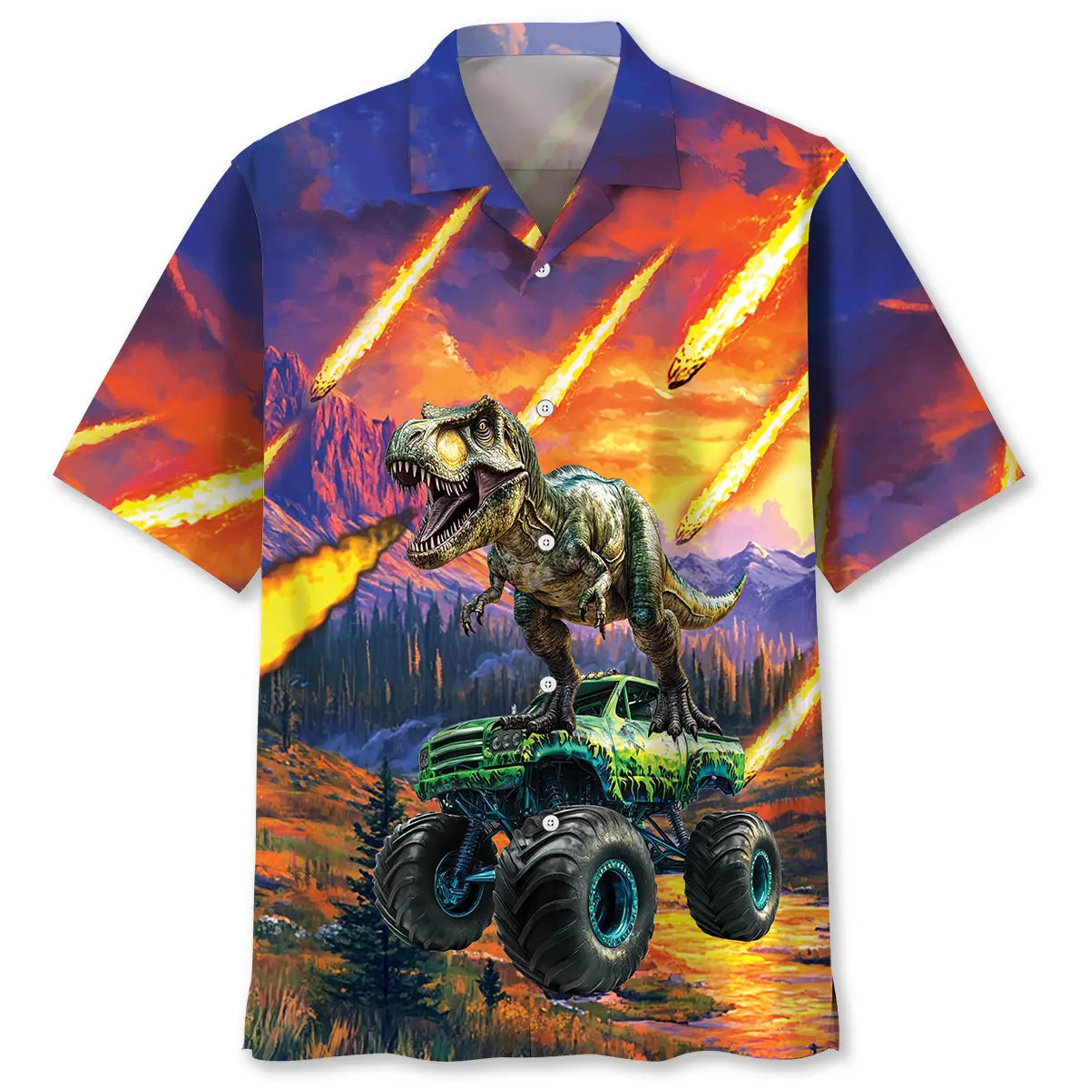 Monster Truck Dinosaur Hawaiian Shirt For Racing Fans, Summer Outings, And Relaxed Vacation Wear