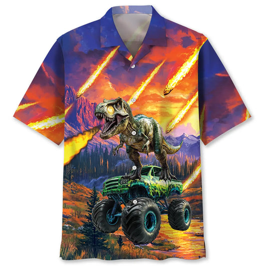 Monster Truck Dinosaur Hawaiian Shirt For Racing Fans, Summer Outings, And Relaxed Vacation Wear