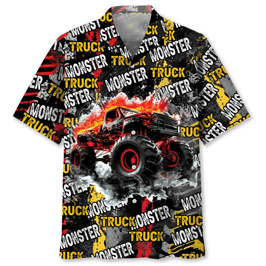 Monster Truck Fire Hawaiian Shirt For Racing Fans, Summer Outings, And Relaxed Vacation Wear