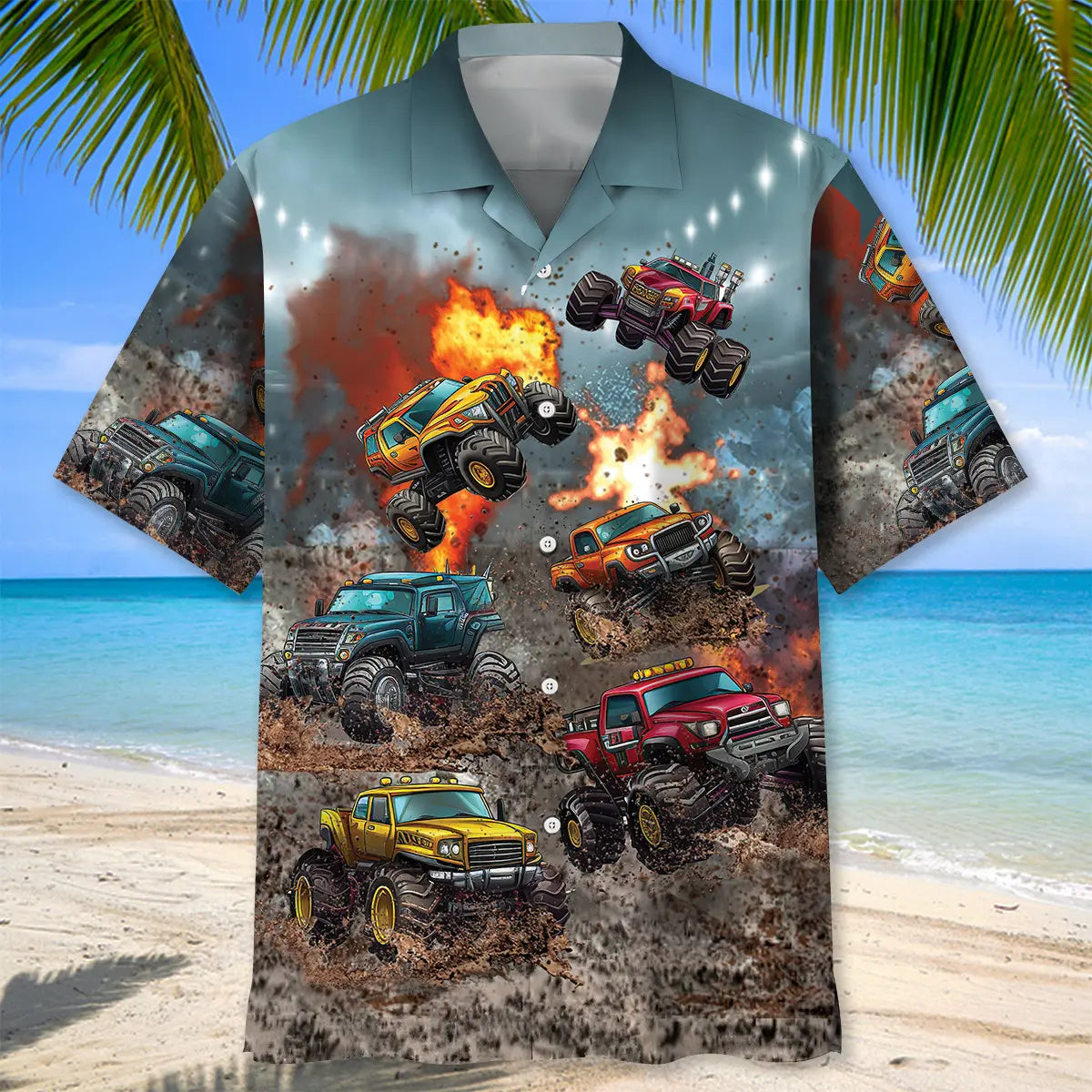Monster Truck Racing Hawaiian Shirt For Automotive Enthusiasts, Coastal Trips, And Casual Warm Weather Style