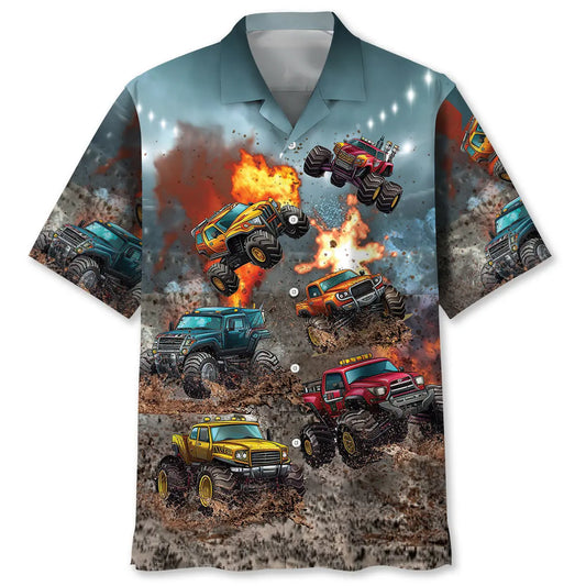 Monster Truck Racing Hawaiian Shirt For Automotive Enthusiasts, Coastal Trips, And Casual Warm Weather Style