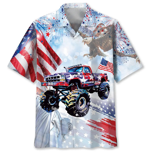American Monster Truck Hawaiian Shirt For Island Vacations, Resort Wear, And Relaxed Seasonal Style