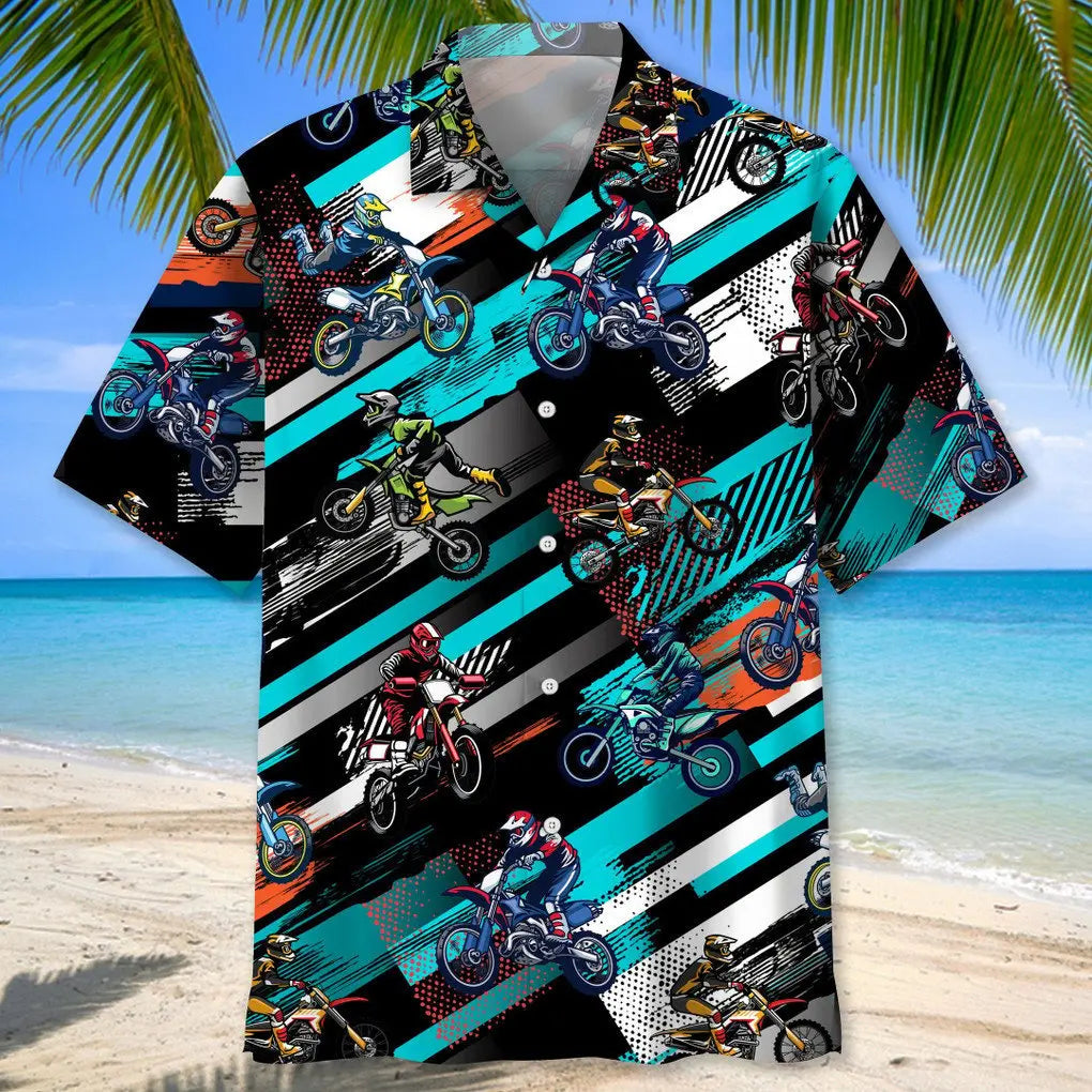 Abstract Colorful Motocross Hawaiian Shirt For Tropical Holidays, Outdoor Gatherings, And Everyday Comfort