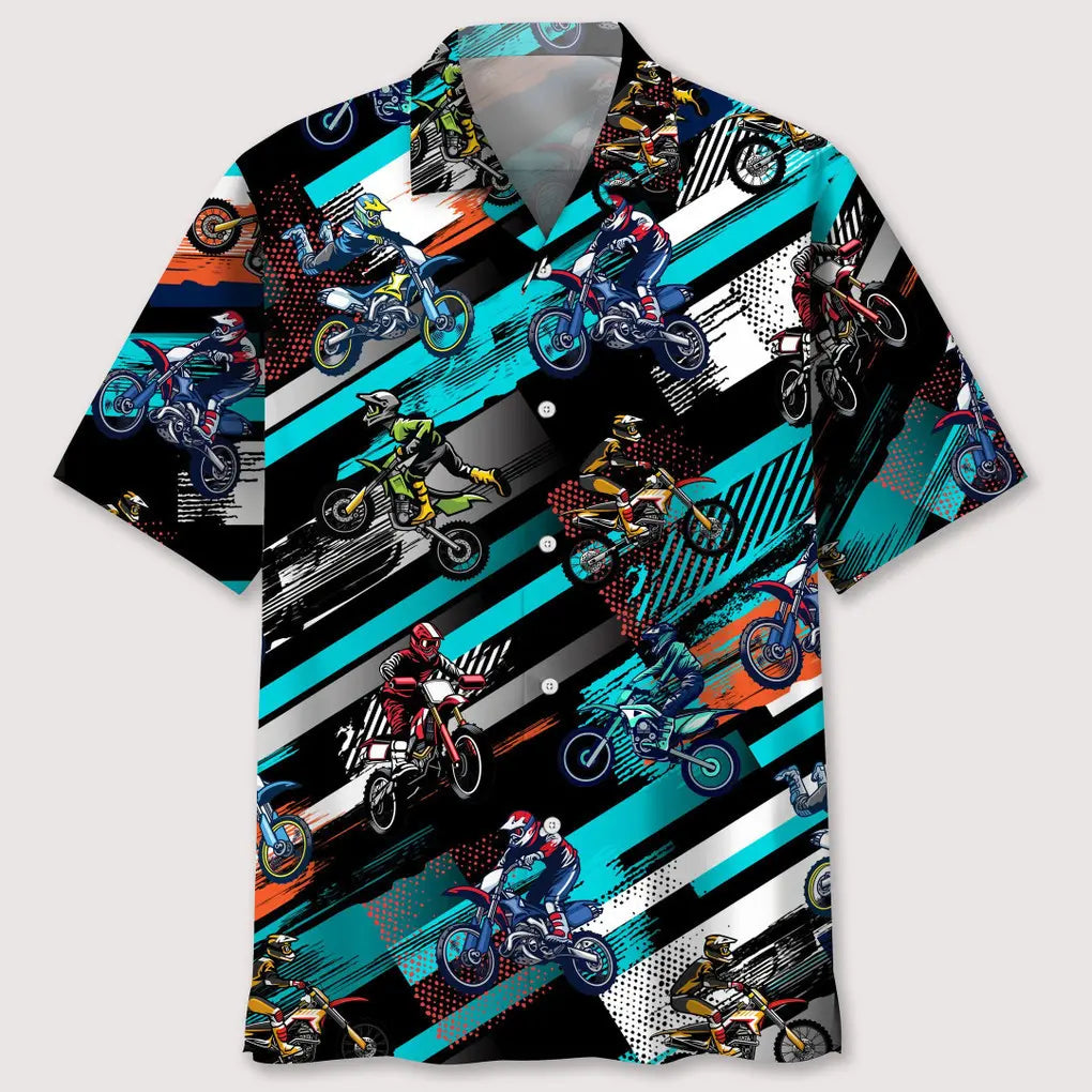 Abstract Colorful Motocross Hawaiian Shirt For Tropical Holidays, Outdoor Gatherings, And Everyday Comfort