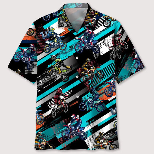 Abstract Colorful Motocross Hawaiian Shirt For Tropical Holidays, Outdoor Gatherings, And Everyday Comfort
