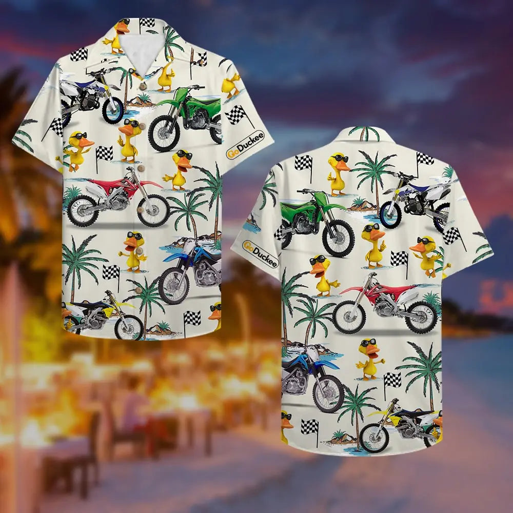 Island Summer Motocross Duck Aloha Dirt Bike Fancy Hawaiian Shirt For Summer Vacation, Beach Travel, And Casual Wear